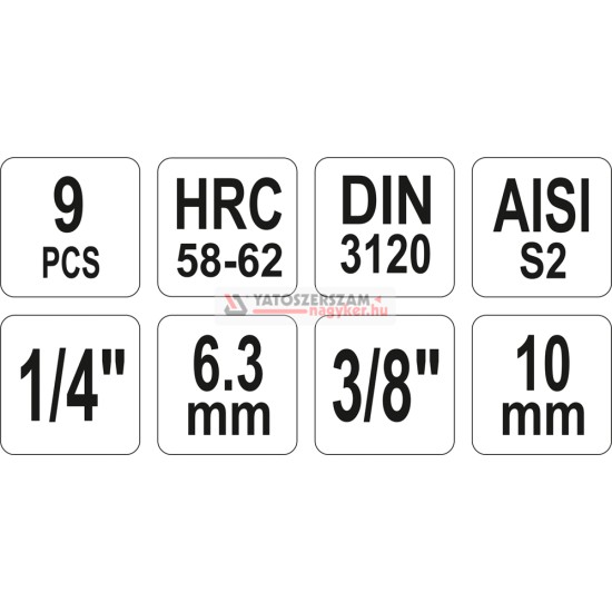 Imbusz bithegy készlet dugófejjel 9 részes (1/4" L=37 mm H2-H6, 3/8" L=48 mm H7-H12) YATO