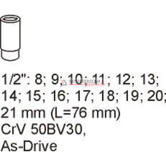 Hósszú dugókulcs készlet 14 részes 1/2": 8-21 mm (fiókbetét) YATO
