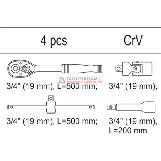 Racsnis dugókulcs készlet 4 részes 3/4" (fiókbetét) CrV YATO