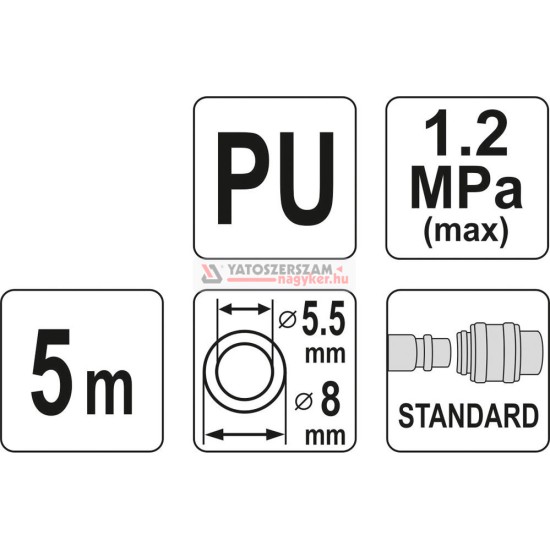 Pneumatikus tömlő (spirál) gyorscsatlakozóval 5,5 x 8 mm 5 m YATO