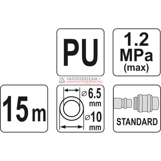 Pneumatikus tömlő (spirál) gyorscsatlakozóval 6,5 mm x 10 mm x 15 m 1,2 MPa YATO