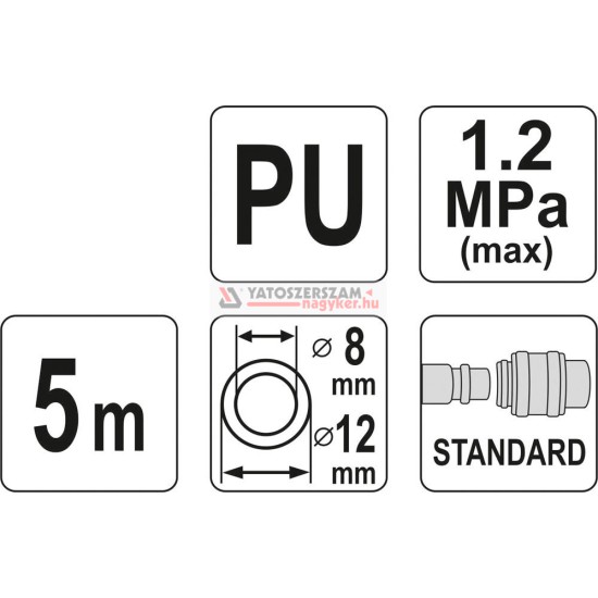 Pneumatikus tömlő (spirál) gyorscsatlakozóval 8 x 12 mm 5 m 1,2 MPa YATO