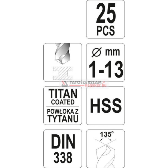 Csigafúró készlet 25 részes 1-13 mm HSS-TiN YATO