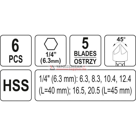 Kúpos süllyesztő készlet fémre 6 részes (6,3-8,3-10,4-12,4-16,5-20,5 mm) bitbefogású HSS YATO