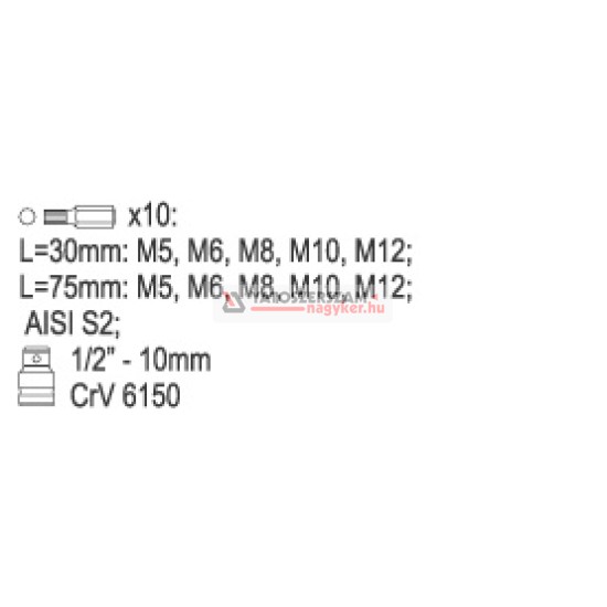 Bit készlet 11 részes SPLINE M5-M12 L=30 mm,L=75 mm 1/2" YATO