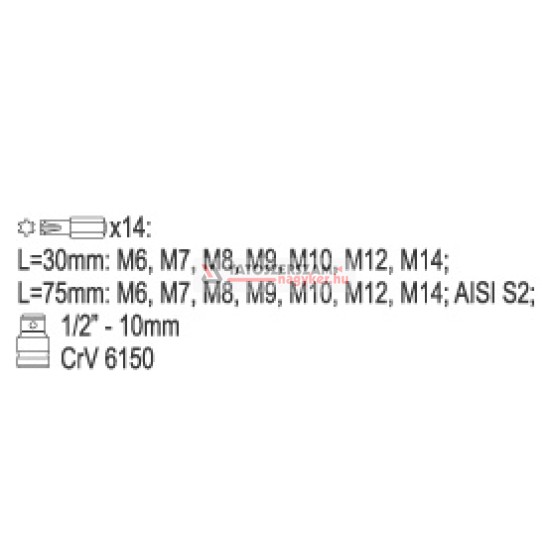 Bit készlet 15 részes RIBE M6-M14 L=30 mm 1/2" YATO