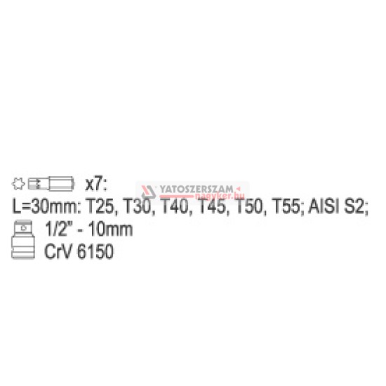 Torx bit készlet 7 részes (1/2" T25-T50) YATO