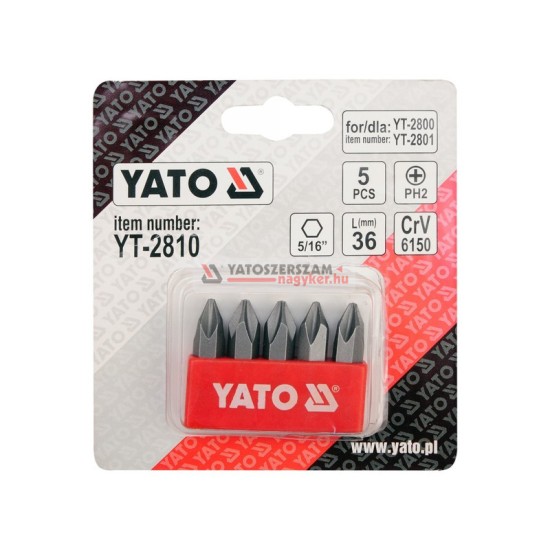 YATO Bithegy készlet PH2 5 részes 36 mm (YT-2800, YT-2801 behajtóhoz) CrV