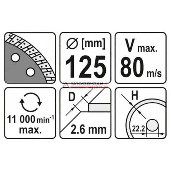 YATO Gyémánt vágótárcsa 125 x 2,6 x 8,0 x 22,2 mm turbo