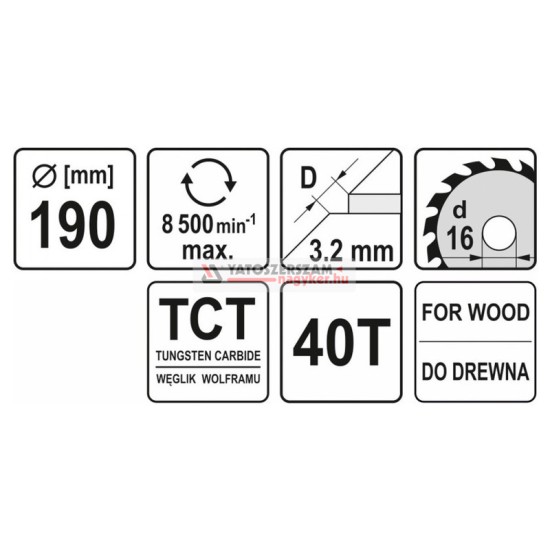 YATO Fűrésztárcsa fához 190 x 16 x 2,2 mm / 40T