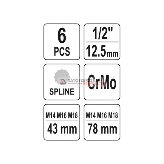 YATO Gépi bit Spline dugókulcs készlet 6 részes 1/2": M14-M18