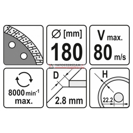 YATO Gyémánt vágótárcsa 180 x 2,8 x 8,0 x 22,2 mm turbo