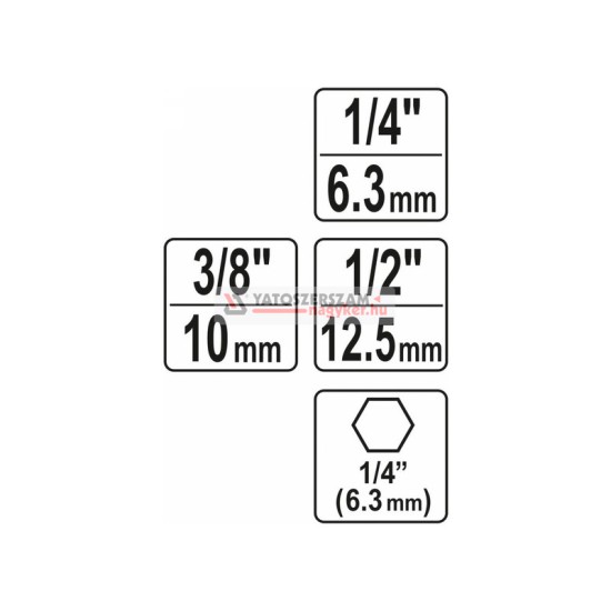YATO Dugókulcs adapter készlet 3 részes 1/4" Hex->1/2", 1/4", 3/8" négyszög