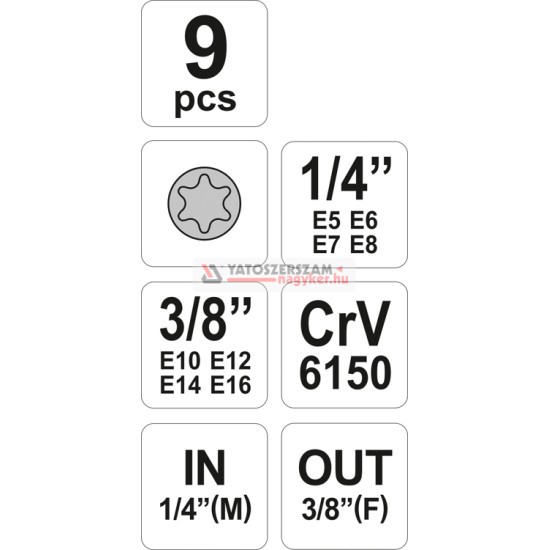 Dugókulcs készlet 9 részes Torx 1/4": E5-E8, 3/8": E10-E16 YATO