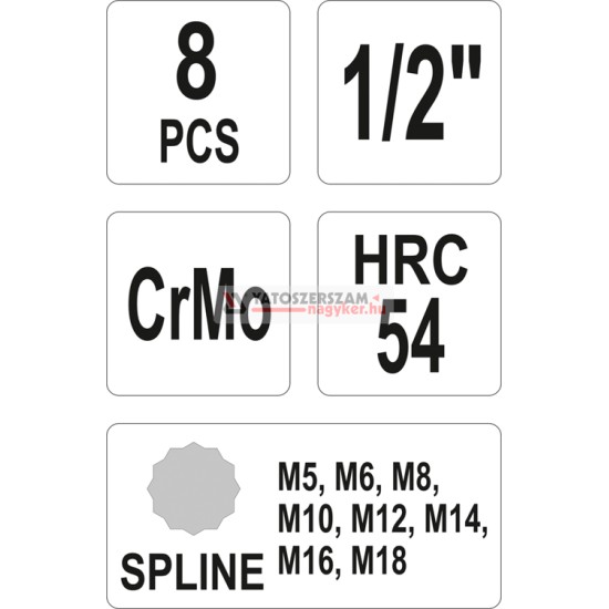 Gépi bit Spline dugókulcs készlet 8 részes 1/2": M5-M18 YATO