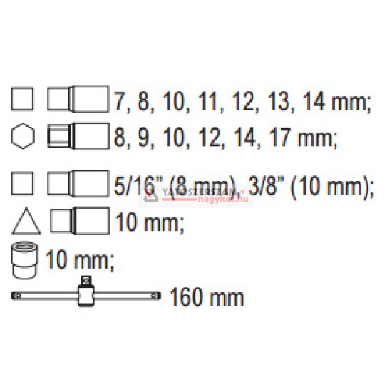 Olajleeresztő kulcs készlet 18 részes 5/16"-3/8", 8 mm,10 mm, 7-14 mm, 10 mm, 8-17 mm 3/8" CrV YA