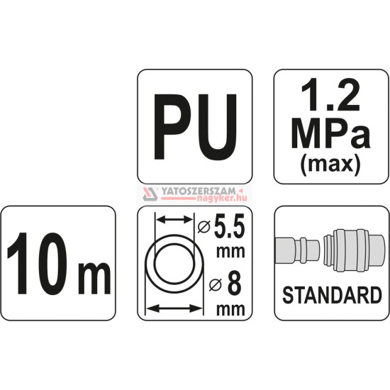 Pneumatikus tömlő (spirál) gyorscsatlakozóval 5,5 mm x 8 x 10 m 1,2 MPa YATO