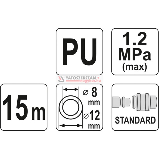 Pneumatikus tömlő (spirál) gyorscsatlakozóval 8,0 mm x 12 mm x 15 m 1,2 MPa YATO