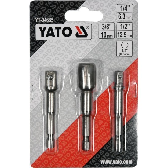 YATO Dugókulcs adapter készlet 3 részes 1/4" Hex->1/2", 1/4", 3/8" négyszög