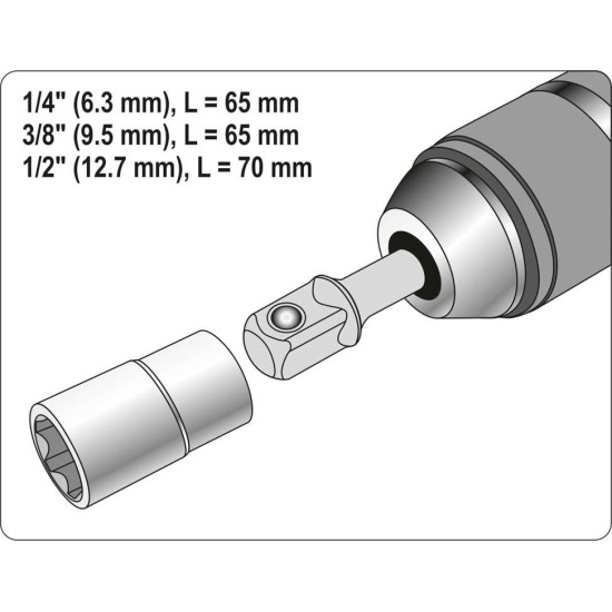 YATO Dugókulcs adapter készlet 3 részes 1/4" Hex->1/2", 1/4", 3/8" négyszög