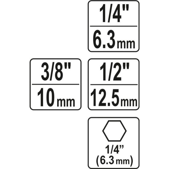 YATO Dugókulcs adapter készlet 3 részes 1/4" Hex->1/2", 1/4", 3/8" négyszög