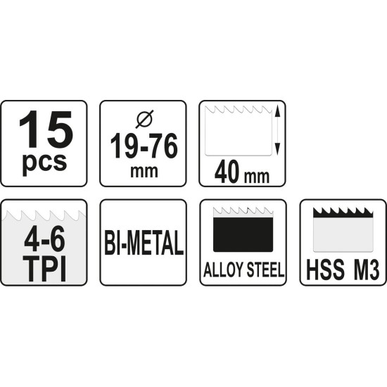 YATO Körkivágó készlet 15 részes (19-76 mm) bimetál