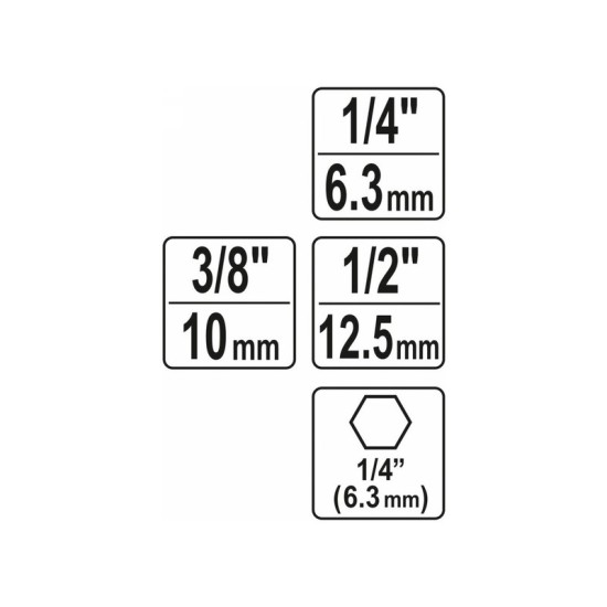 YATO Dugókulcs adapter készlet 3 részes 1/4" Hex->1/2", 1/4", 3/8" négyszög