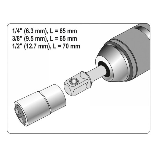 YATO Dugókulcs adapter készlet 3 részes 1/4" Hex->1/2", 1/4", 3/8" négyszög