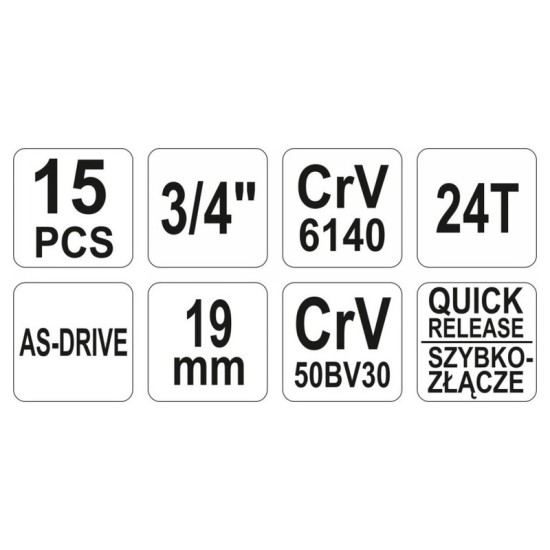 YATO Dugókulcs készlet 15 részes 3/4": 30-60 mm CrV
