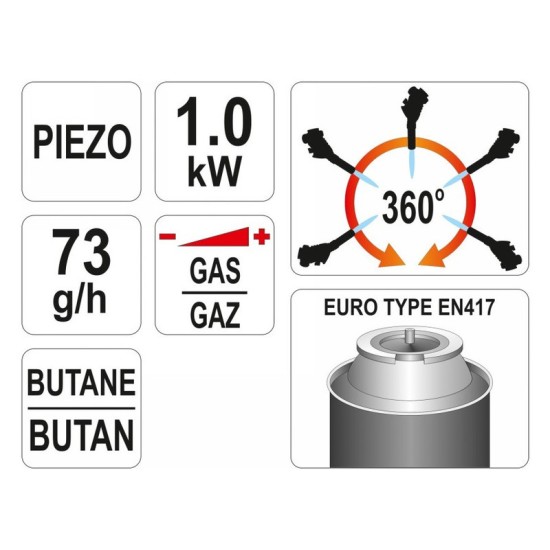 YATO Gázégő pisztoly piezo 1kW 1000°C