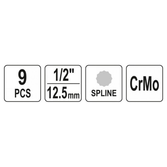 YATO Gépi bit Spline dugókulcs készlet 9 részes 1/2" M4 - M16