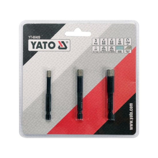 YATO Gyémánt körkivágó készlet 3 részes 6, 8, 10 mm vizes/száraz bitbefogású