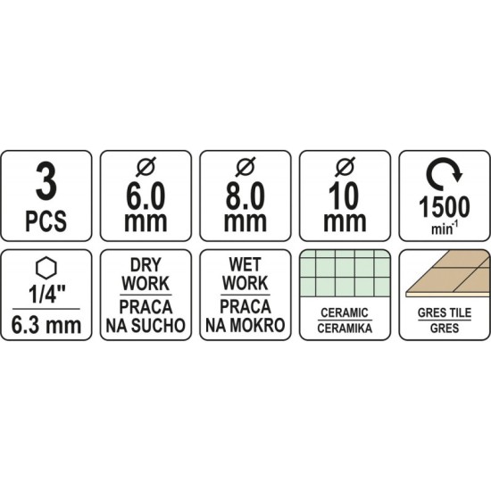 YATO Gyémánt körkivágó készlet 3 részes 6, 8, 10 mm vizes/száraz bitbefogású