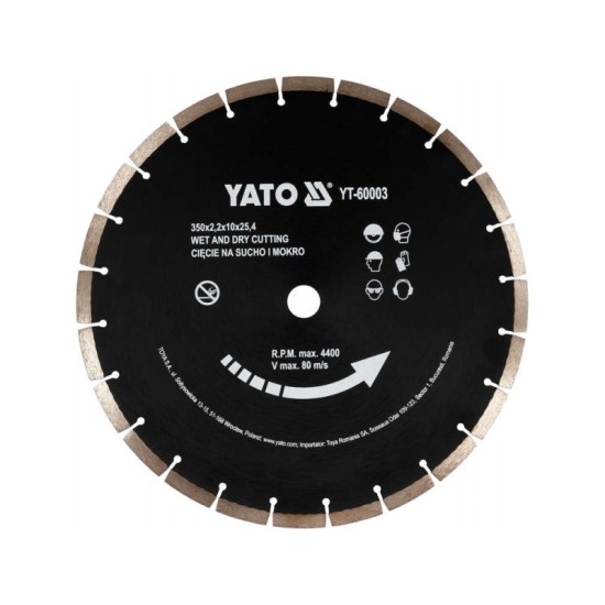 YATO Gyémánt vágótárcsa 350 x 3,4 x 10,0 x 25,4 mm szegmentált