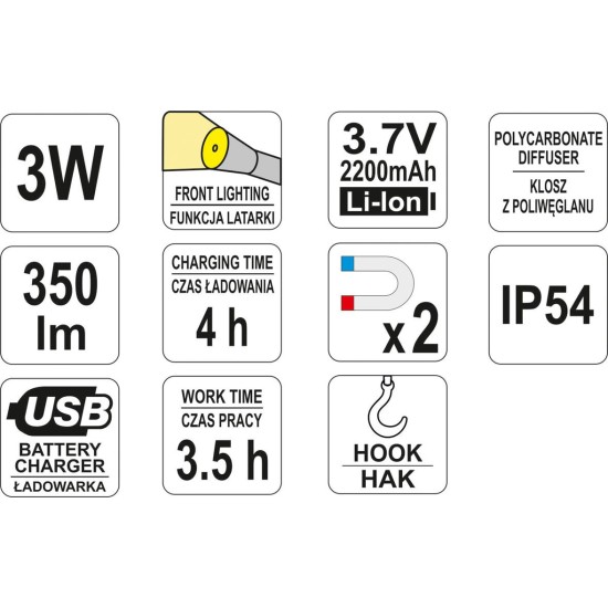 YATO COB LED akkus munkalámpa/zseblámpa 3W 350lm YATO COB LED akkus munkalámpa/zseblámpa 3W 350lm