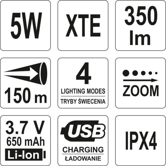 YATO Cree LED zseblámpa 5W, akkus