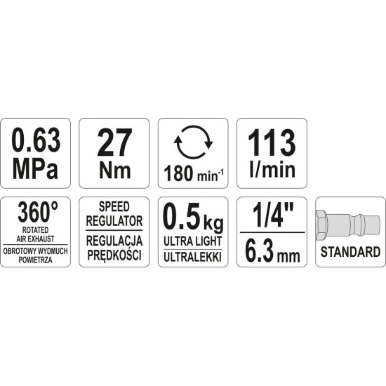 Pneumatikus racsnis kulcs könnyített 1/4" 27 Nm YATO