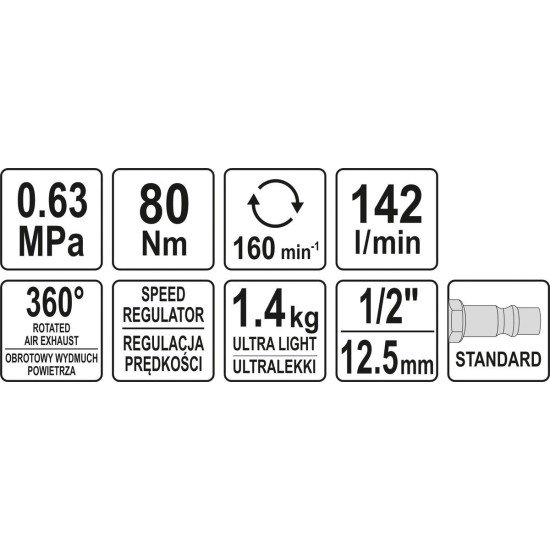 Pneumatikus racsnis kulcs 1/2" 80 Nm könnyített YATO