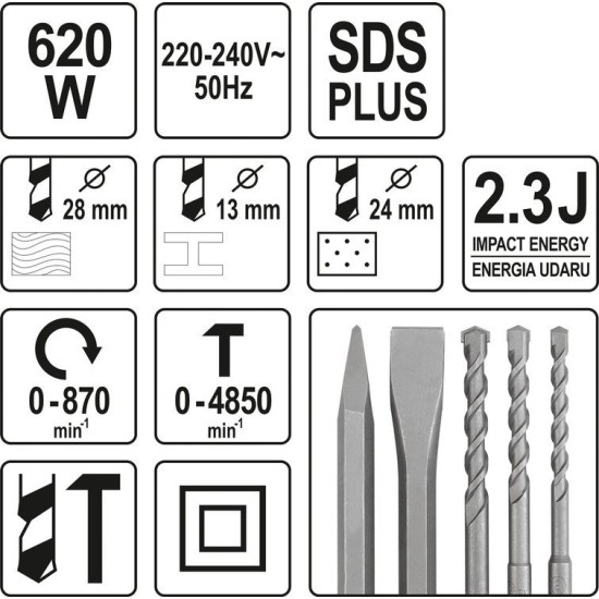 Elektromos fúrókalapács SDS-Plus 2,3 J 650 W YATO