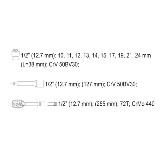 Dugókulcs készlet 12 részes 1/2": 10-24 mm YATO