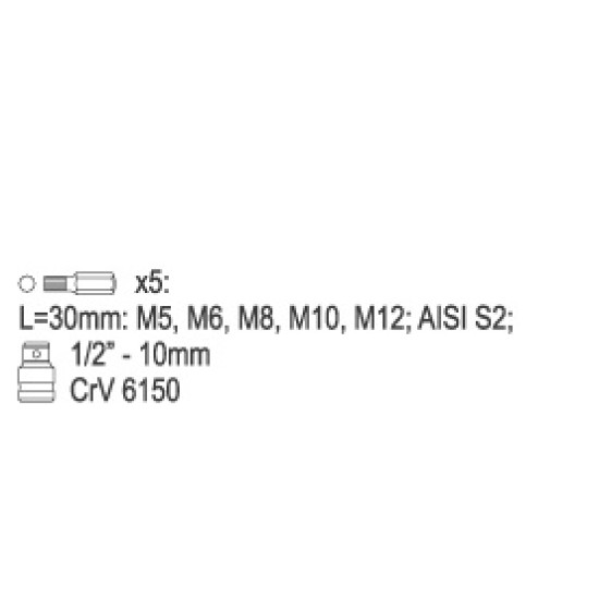Bit készlet 6 részlet SPLINE M5-M12 L=30 mm 1/2" YATO