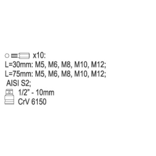 Bit készlet 11 részes SPLINE M5-M12 L=30 mm,L=75 mm 1/2" YATO