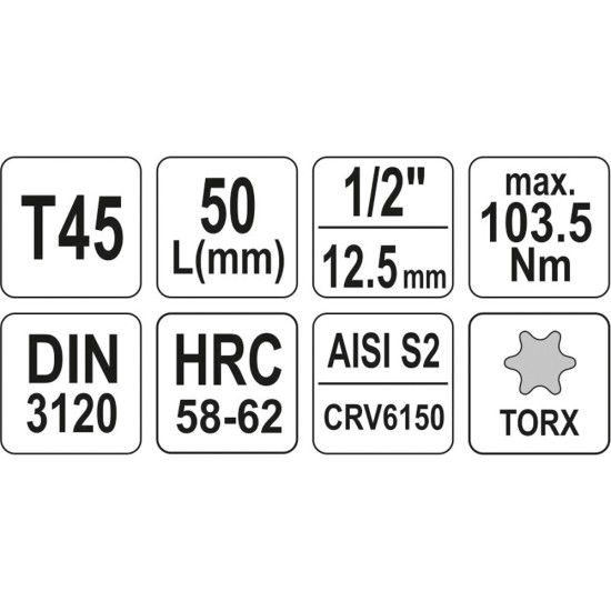 Bithegy dugófejjel T45 1/2" 55 mm CrV YATO
