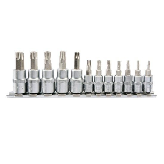 Biztonsági Torx bithegy készlet dugófejjel 12 részes (1/4" L=37 mm T8-T30, 3/8" L=48 mm T40-T55)