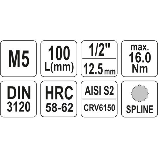 Bithegy dugófejjel SPLINE M5 1/2" 100 mm hosszú YATO