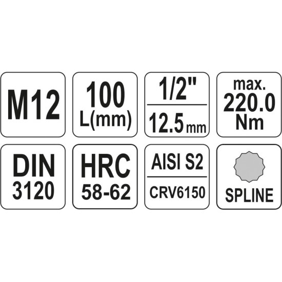 Bithegy dugófejjel SPLINE M12 1/2" 100 mm hosszú YATO