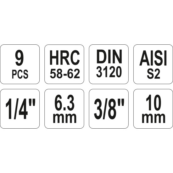 Imbusz bithegy készlet dugófejjel 9 részes (1/4" L=37 mm H2-H6, 3/8" L=48 mm H7-H12) YATO