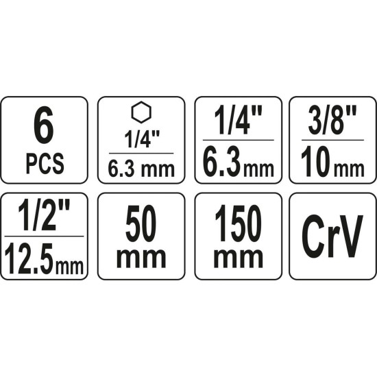 Dugókulcs adapter bitbefogású készlet 6 részes 1/4" - 3/8" - 1/2" YATO