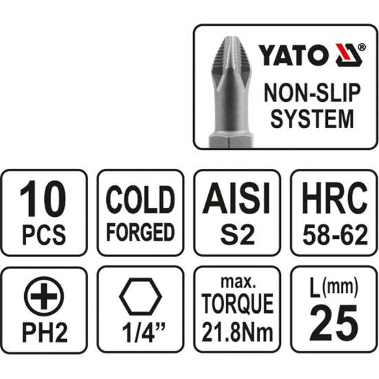 Bithegy PH2 1/4" 25 mm 10 db/bl YATO