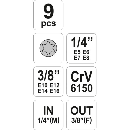 Dugókulcs készlet 9 részes Torx 1/4": E5-E8, 3/8": E10-E16 YATO